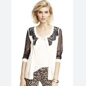 Juicy Couture 🟣Size Large Cream Cardigan with Black Lace Sleeves and Trim *note